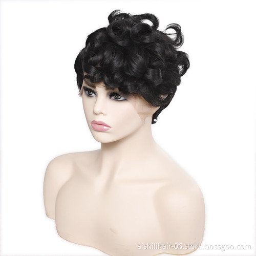 wholesale lace frontal wig short pixie cut black hair wave synthetic hair wigs for women